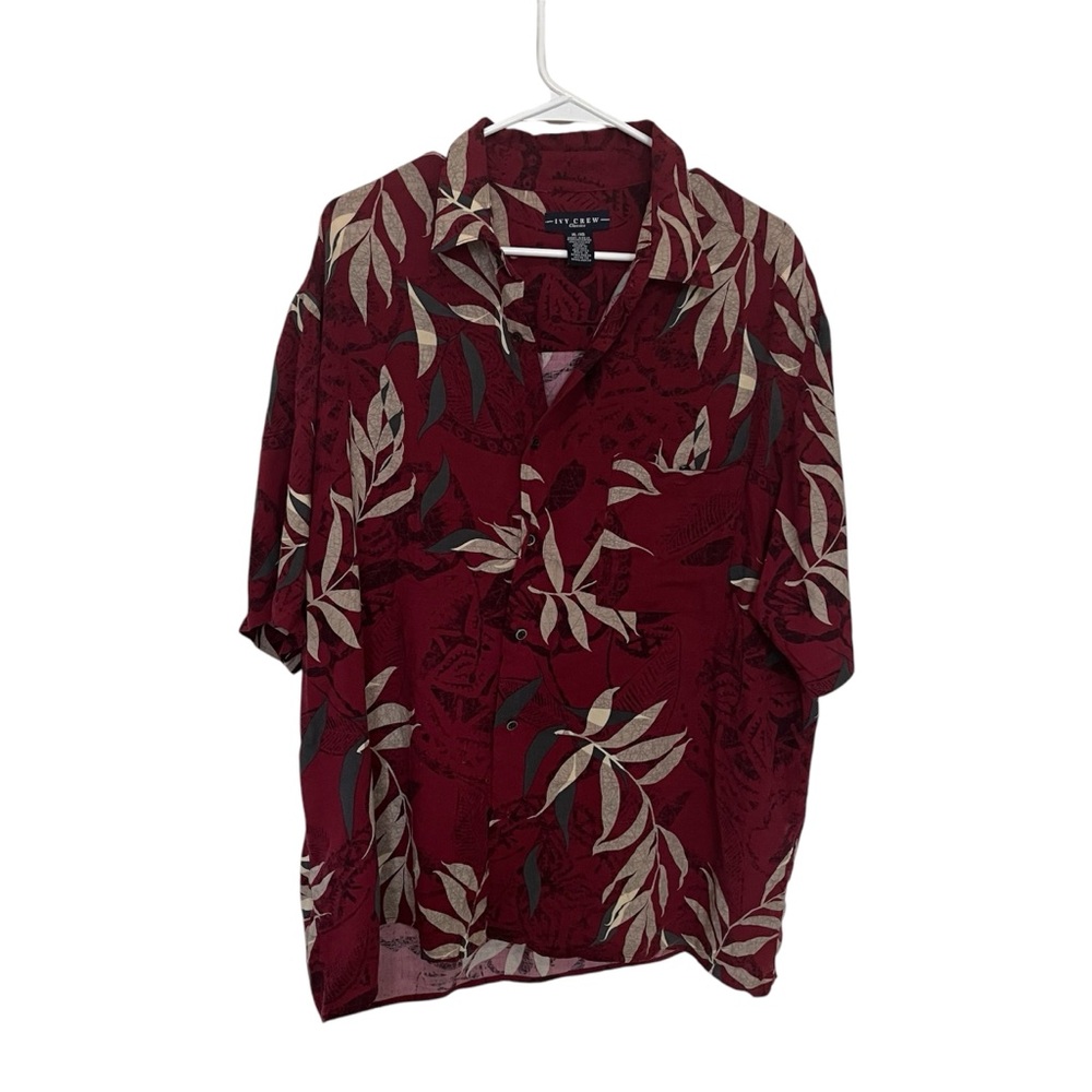 IVY CREW CLASSIC MEN SZ XL Red Leaf Print HAWAIIAN Shirt 100% Rayon